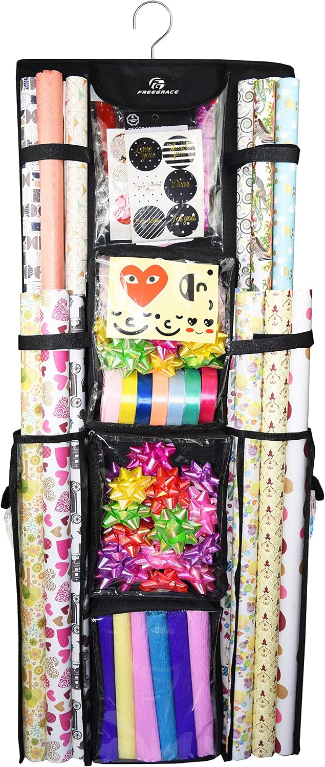 Freegrace Double-Sided Hanging Gift Wrap Organizer - Large 16 x 41 Inch Wrapping Paper Storage Bag - Tearproof 600D Oxford Closet Gift Bag & Ribbon Organization Storage Caddy, Beige (Black)
