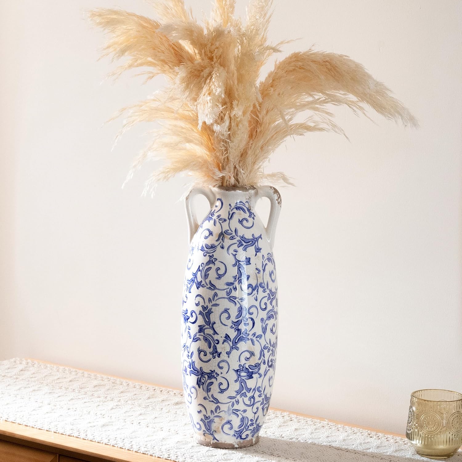VICTOR & TERESA Blue and White Floor Vase for Pampas Grass, 14'' Tall Vase for Home Decor, Ceramic Farmhouse Decorative Large Vases for Flower, Mantel, Living Room, Shelf, Centerpieces, Gift for Her