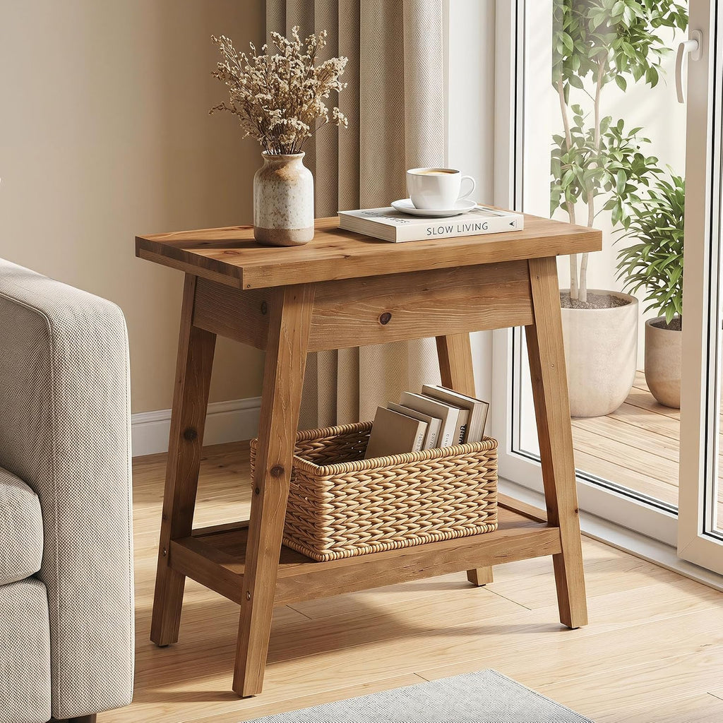 End Table for Living Room, 2-Tier Solid Wood Side Table with Storage, Farmhouse Rectangle Nightstand for Bedroom, Living Room, Small Spaces (Natural Brown) (1)
