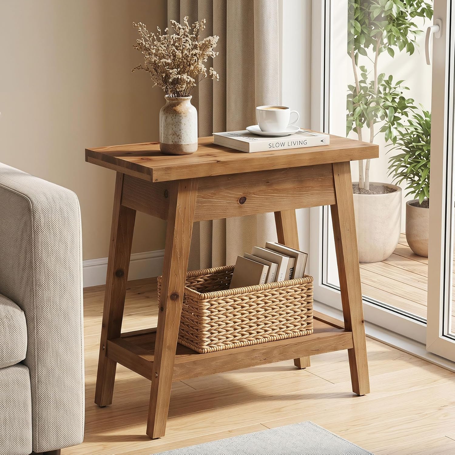 End Table for Living Room, 2-Tier Solid Wood Side Table with Storage, Farmhouse Rectangle Nightstand for Bedroom, Living Room, Small Spaces (Natural Brown) (1)