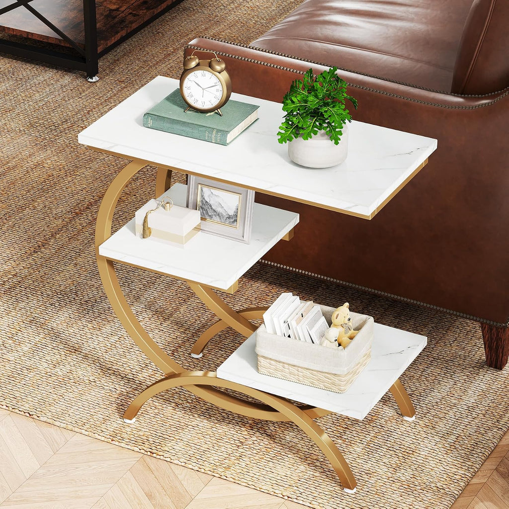 Tribesigns C-Shaped End Table, Industrial 3-Tier Small Side Table for Couch, Wood Bedside Table Snack Side Table with Storage Shelves for Living Room Small Space, White Gold