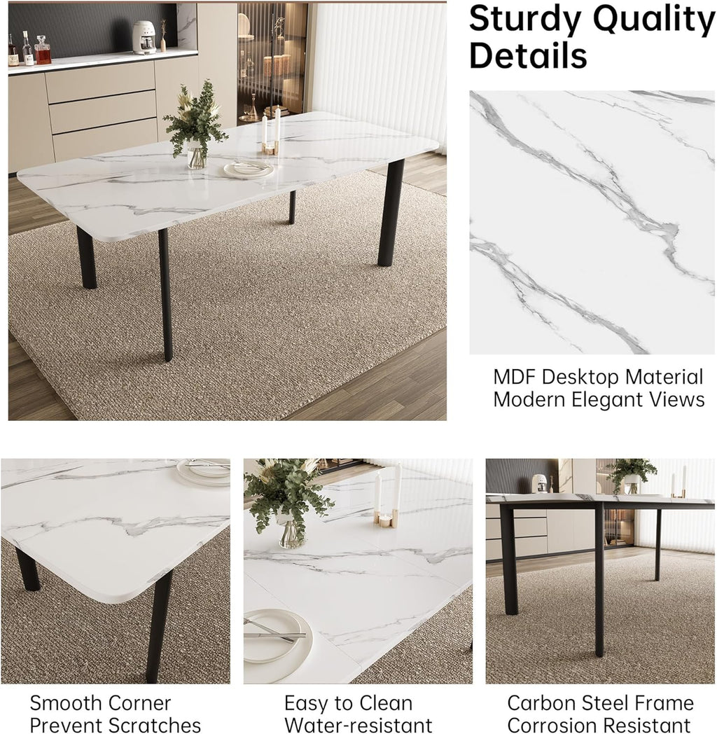 HIPIHOM Extendable Dining Table Set for 6-8 People, 63 to 78.7 Inch MDF Kitchen Table with 8 Faux Leather Dining Chairs, Space-Saving for Dining Room, Breakfast Nook (White Table & 8 White Chairs)