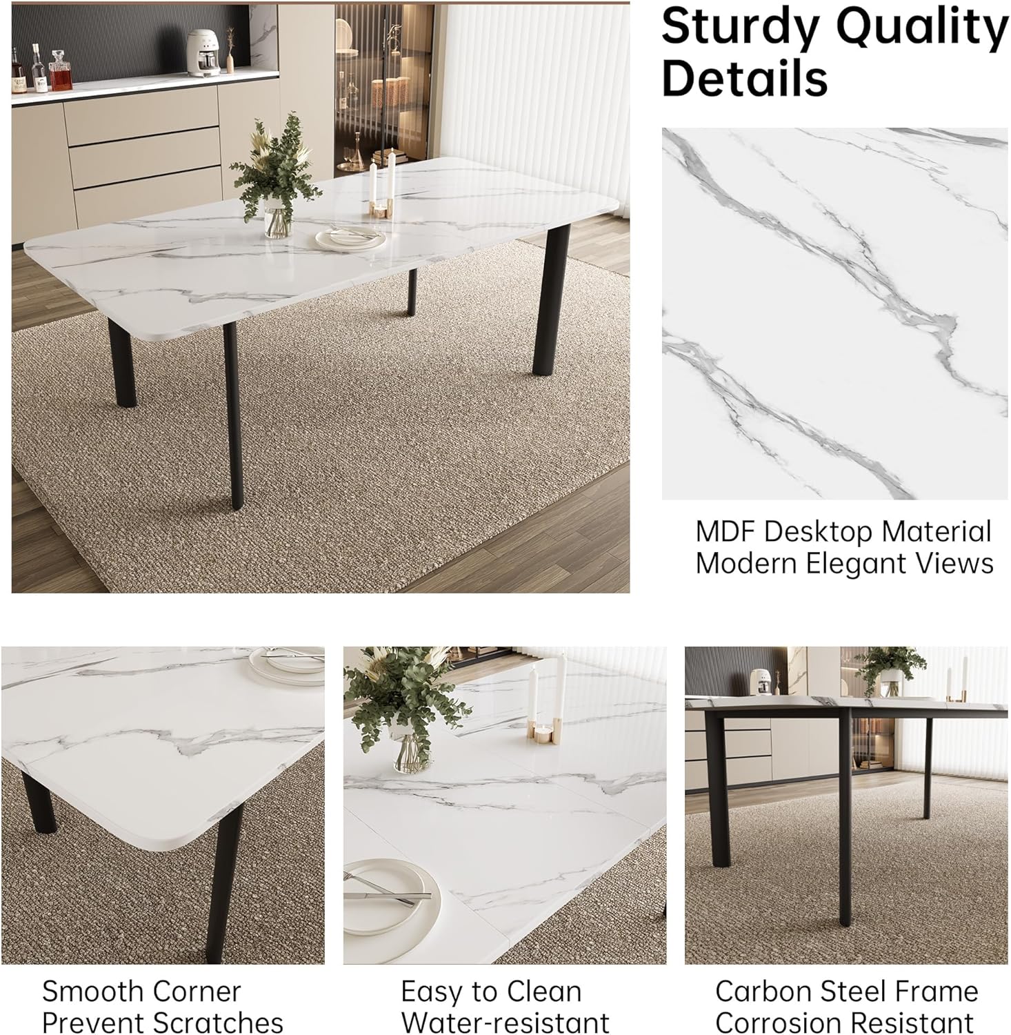 HIPIHOM Extendable Dining Table Set for 6-8 People, 63 to 78.7 Inch MDF Kitchen Table with 8 Faux Leather Dining Chairs, Space-Saving for Dining Room, Breakfast Nook (White Table & 8 White Chairs)
