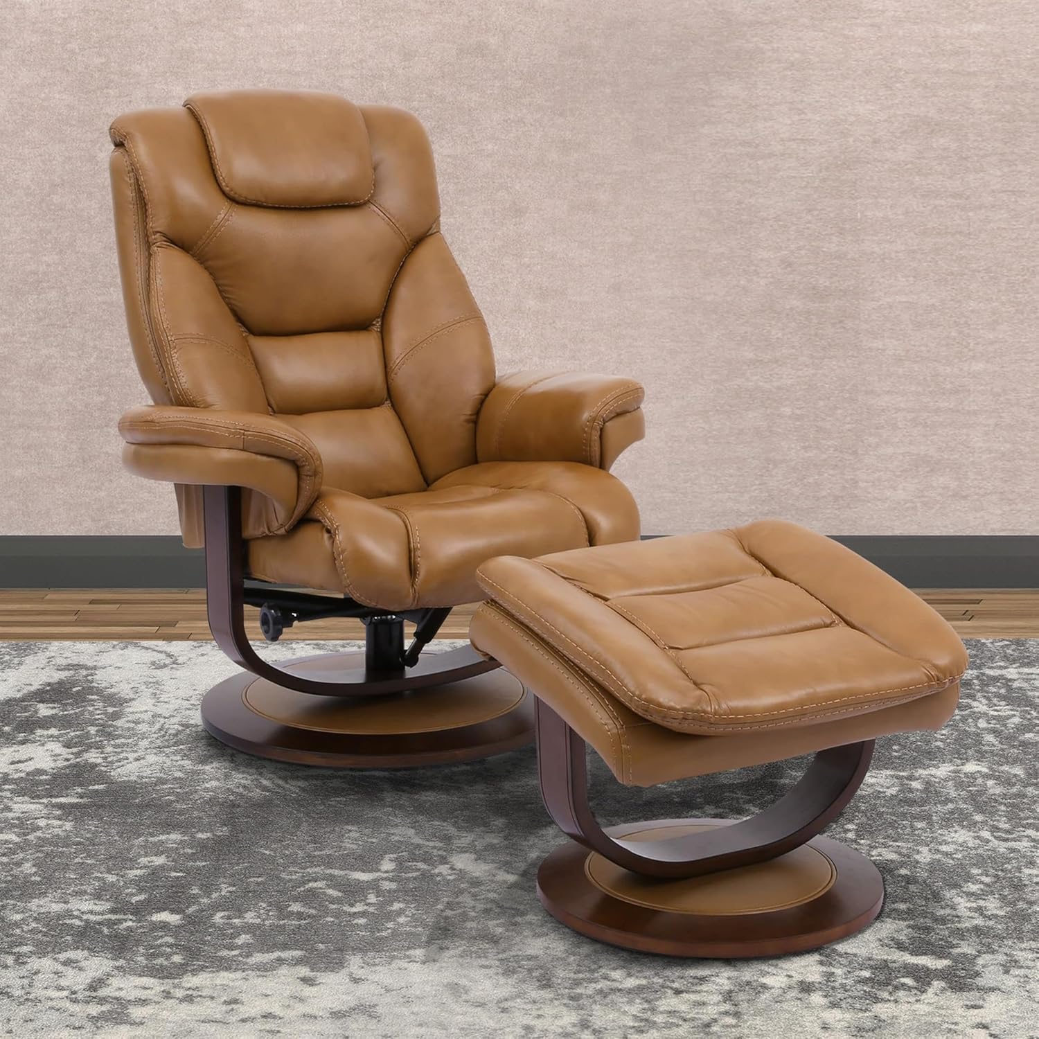 Pemberly Row Stressless Recliner with Ottoman in Brown Leather, Manual Swivel Recliner Chair for Living Room Comfort