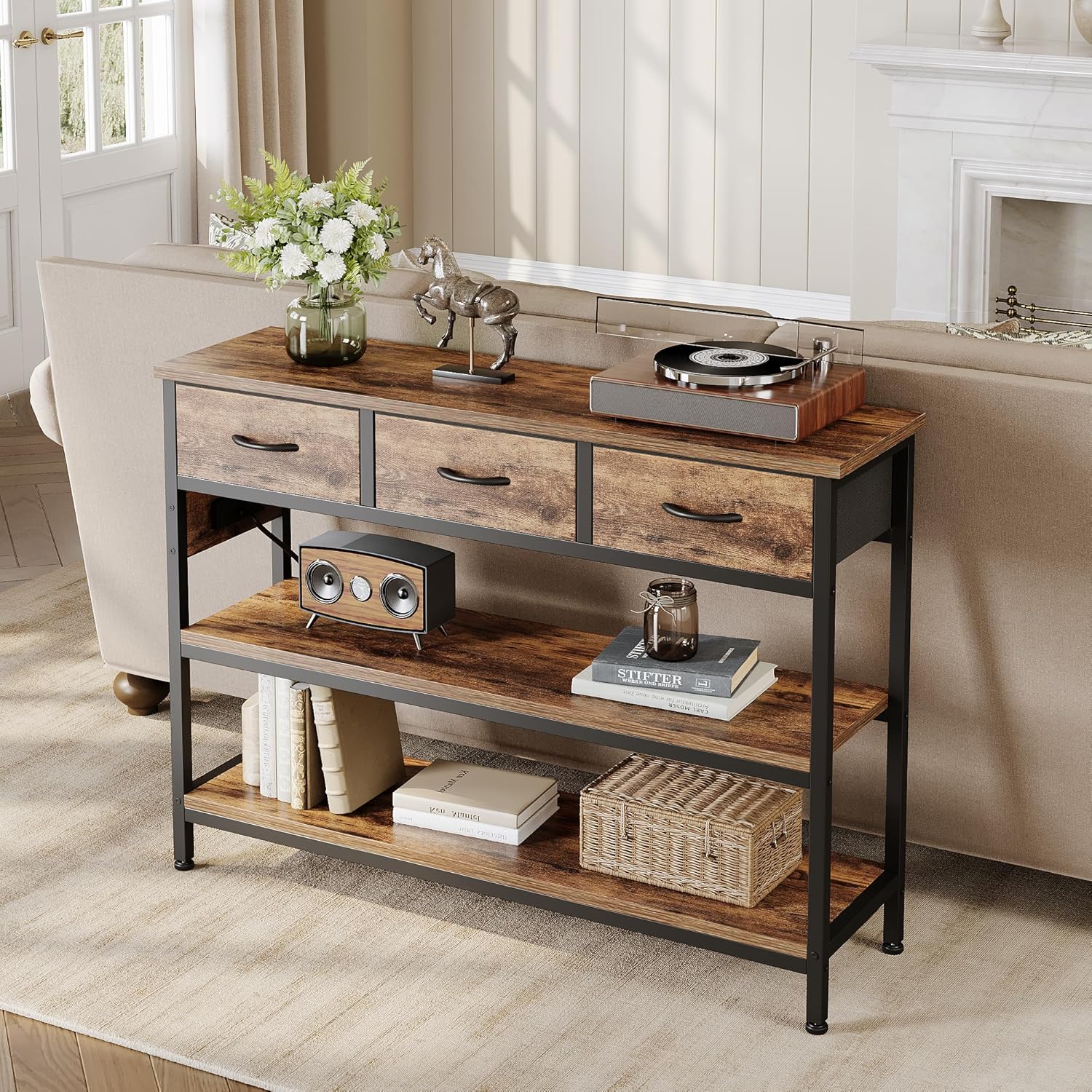 Lulive Entryway Table with Power Outlets, Console Table with 3 Fabric Drawers, Sofa Table for Living Room, Hallway, Couch, Foyer, Height Adjustable (Rustic Brown, 43")