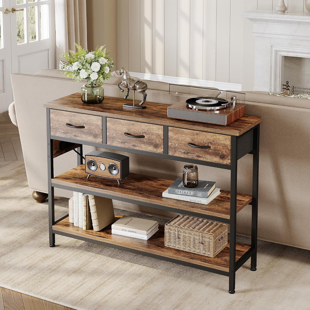 2 Pack Entryway Table with Outlets, 3 Fabric Drawers, 43in | 43.3"W x 11.8"D entry table with 2 outlets, 2 USB ports, swappable plug side, adjustable feet and anti-tip kit.