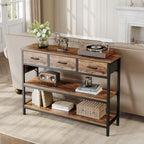 2 Pack Entryway Table with Outlets, 3 Fabric Drawers, 43in | 43.3"W x 11.8"D entry table with 2 outlets, 2 USB ports, swappable plug side, adjustable feet and anti-tip kit.