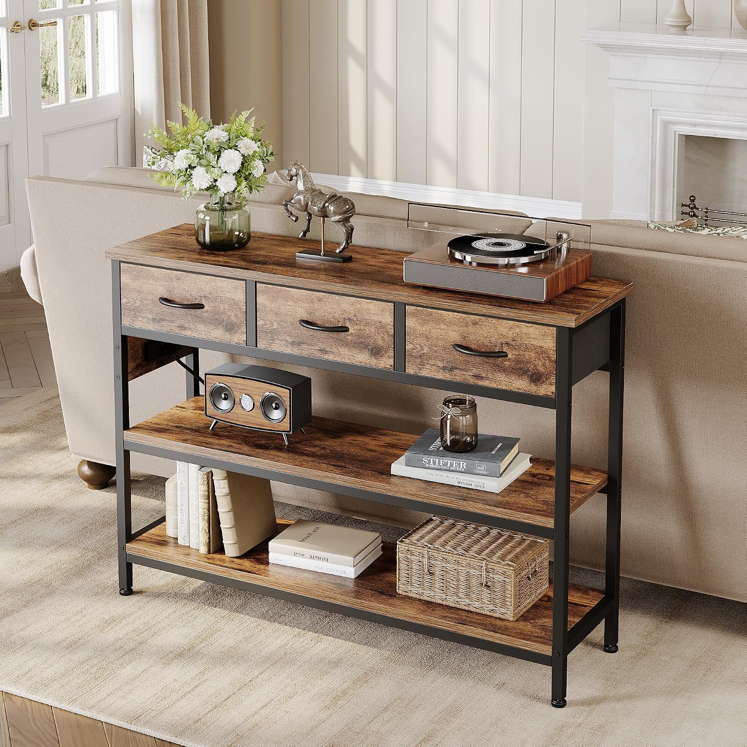 2 Pack Entryway Table with Outlets, 3 Fabric Drawers, 43in | 43.3"W x 11.8"D entry table with 2 outlets, 2 USB ports, swappable plug side, adjustable feet and anti-tip kit.