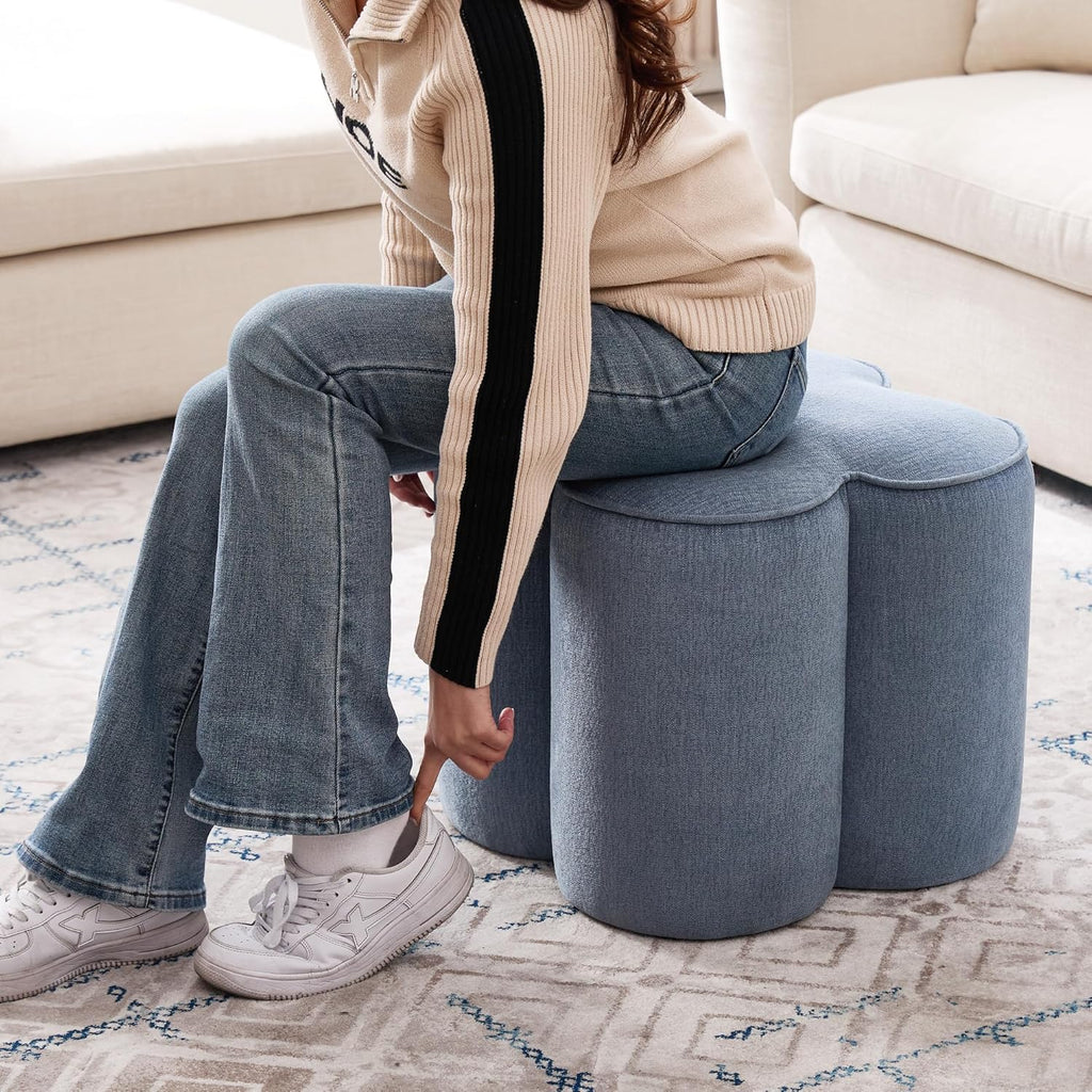 Zesthouse Flower Pouf Ottoman Foot Rest, Linen Fabric Poofy Ottoman Footstool for Couch Sofa, Modern Living Room Stool Seat for Under Entry Table, Cute Square Vanity Stool for Bedroom Dorm, Blue