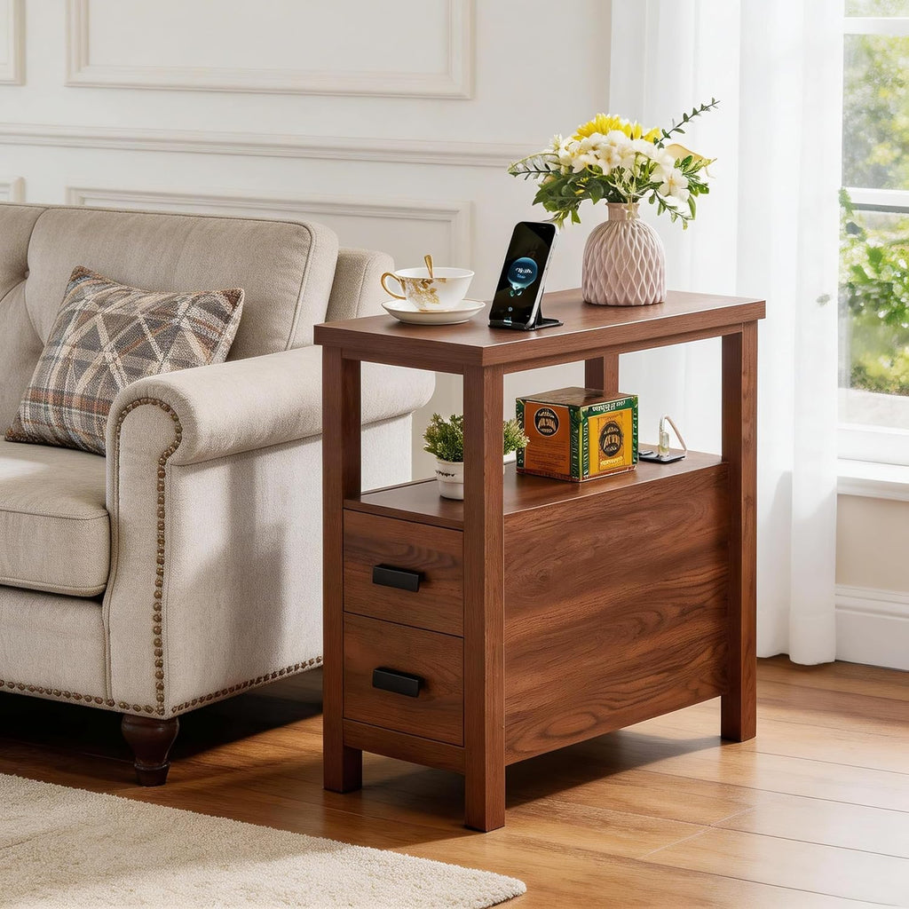Farmhouse Side Table with Charging Station and 2 Drawers, Antique Nightstand with Open Shelf, Bedside Table for Bedroom and Living Room (Drawer Charger, Walnut)