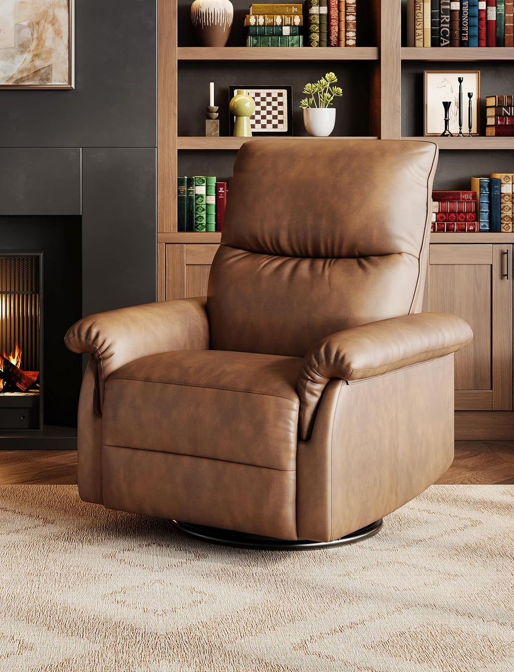 GAOMON Swivel Rocking Recliner Chair, Manual Leather Recliner Glider with Lumbar Support & Padded Armrest, Comfortable Rocker Nursery Single Sofa for Living Room and Bedroom (Orange)