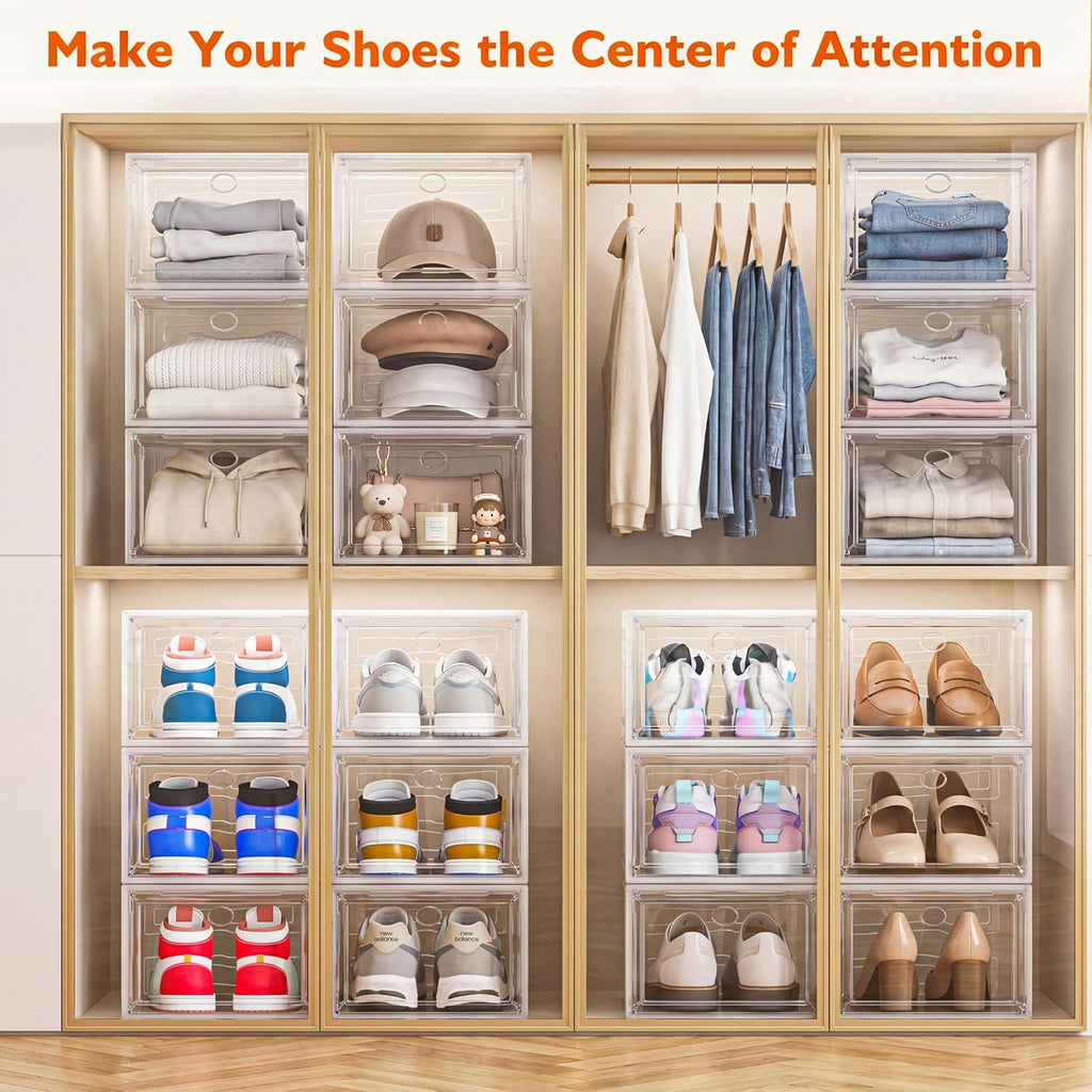 7 code Shoe Organizer, Clear Thickened Stackable Shoe Boxes with Magnetic Door, Collapsible Closet Storage Rack for Sneakers & Boots, 6 Pack White, Virgin Material, Not Recycled Plastic for Household