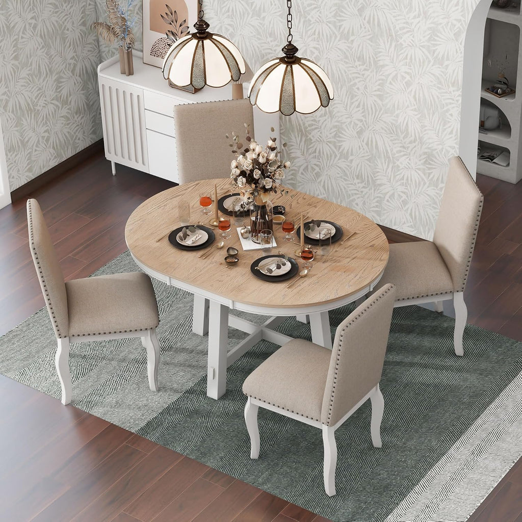 Knocbel Farmhouse 4-Person Extendable Dining Table Set, 5-Piece Dinette Set with Upholstered Nailhead Trim Chairs, Kitchen Dining Room Small Space Furniture Set (Oak Natural and Antique White)