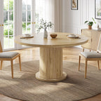 Round Dining Table for 4-6, 43.3" Modern Farmhouse Kitchen Table with Hidden Storage & Tambour Door, Japandi Style Wood Pedestal Circle Table for Small Spaces, Apartment, Dining Room, Classic Oak
