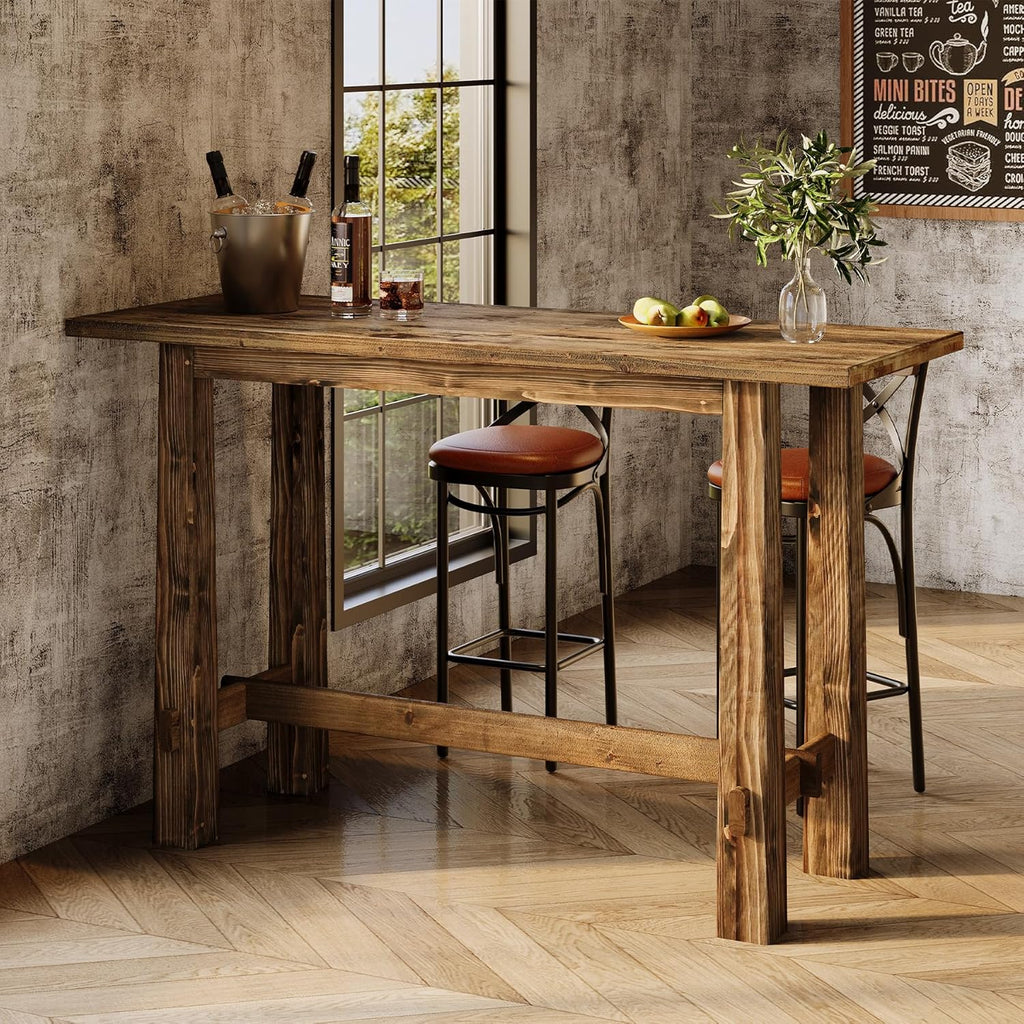 Solid Wood Bar Table, 63" Long Bar Height Pub Table, Narrow Home Bar Unit, Tall Wooden High Top Table for Kitchen, Home Bar, Café or Restaurant, Rustic Brown