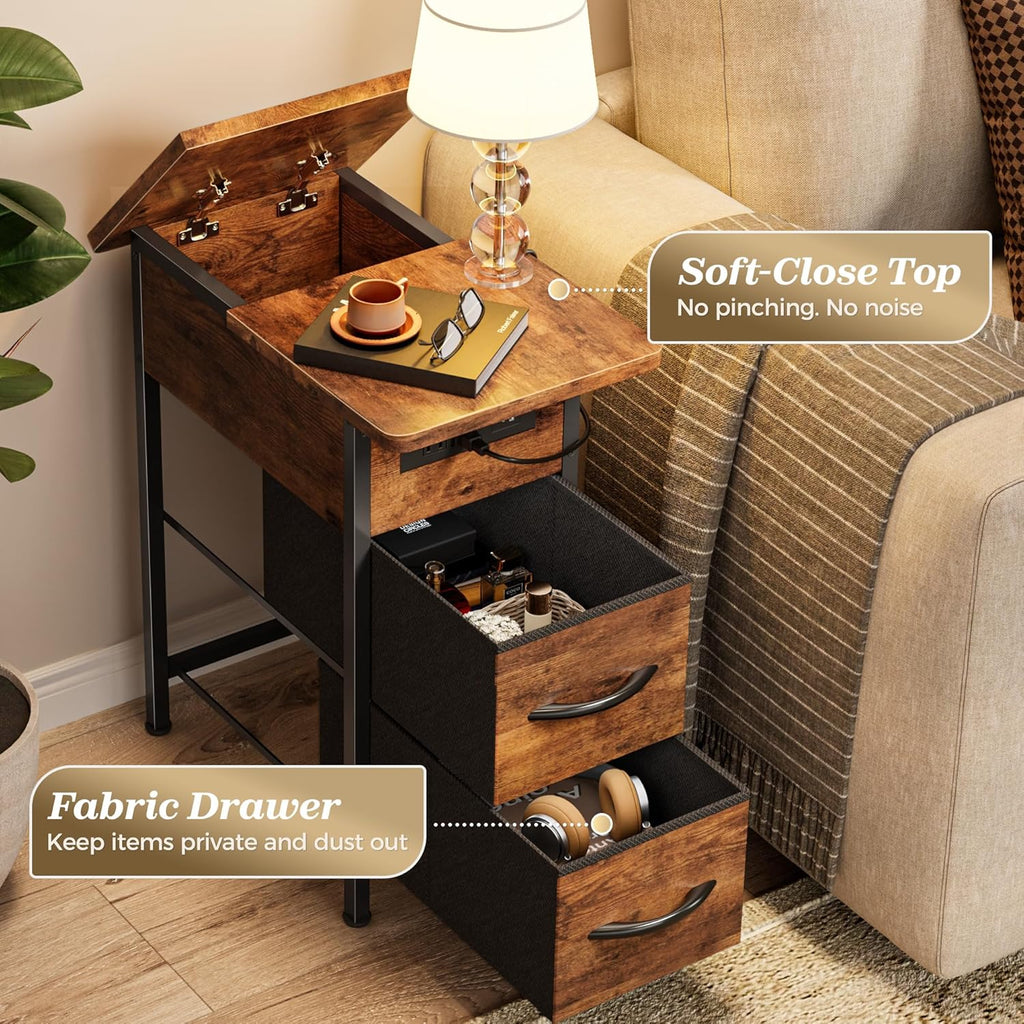 Huuger Narrow End Table with Charging Station, Flip Top Side Table with 2 Fabric Drawers, Slim Night Stand with USB-C Port for Small Spaces, Nightstand Bedside Couch Table, Living Room, Rustic Brown