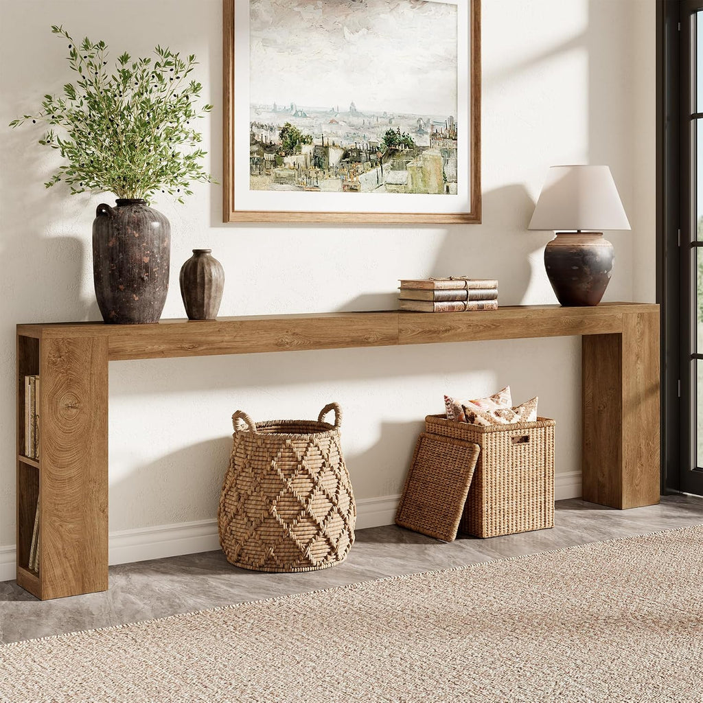 Epecoya 94.5-Inch Extra Long Console Table with USB Outlet & Storage, Narrow Sofa Behind Couch Table with Charging Station, Farmhouse Wood Entryway Table for Hallway Foyer Living Room, Oak Brown