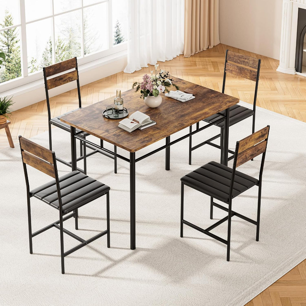Dining Table Set for 4, Kitchen Table and Chairs for 4, Kitchen Table with 4 PU Leather Upholstered Dining Room Chairs for Kitchen Room and Small Spaces, Rustic Brown