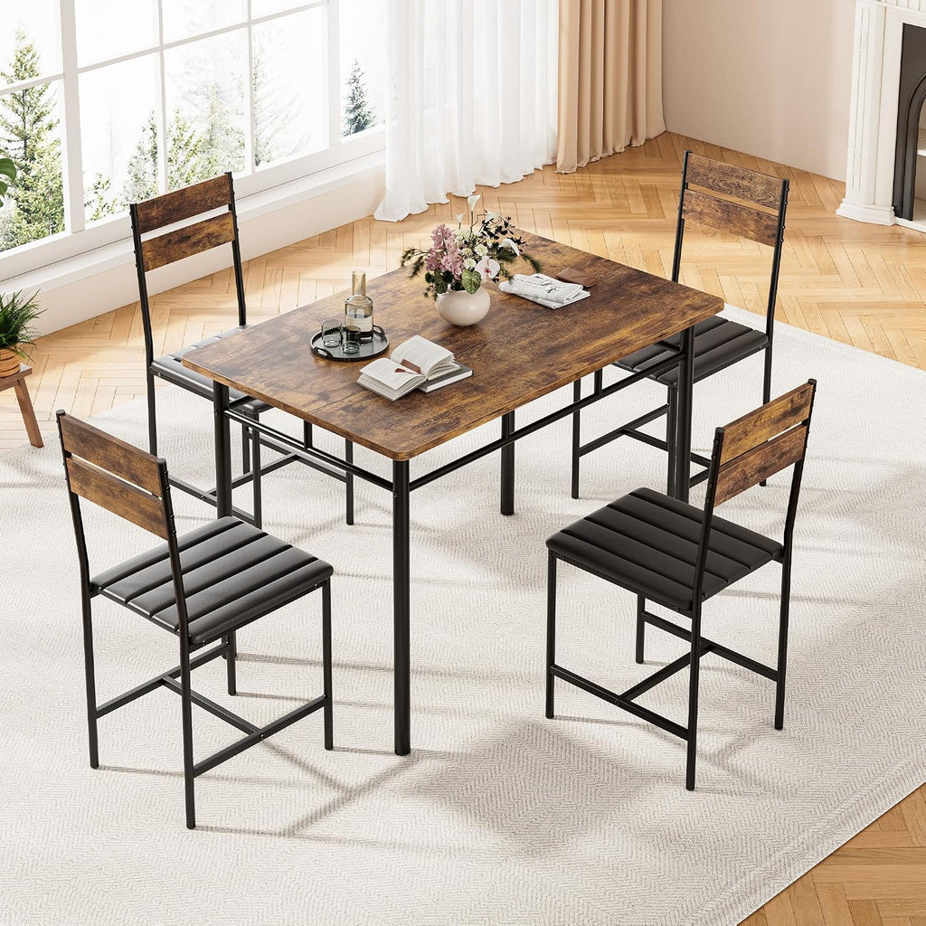 Kitchen Table Chairs Set of 4, 5-Piece Modern Dining Table Set | Kitchen Table and Chairs for Small Space with Upholstered Padded Chairs, Apartment, Rustic Brown
