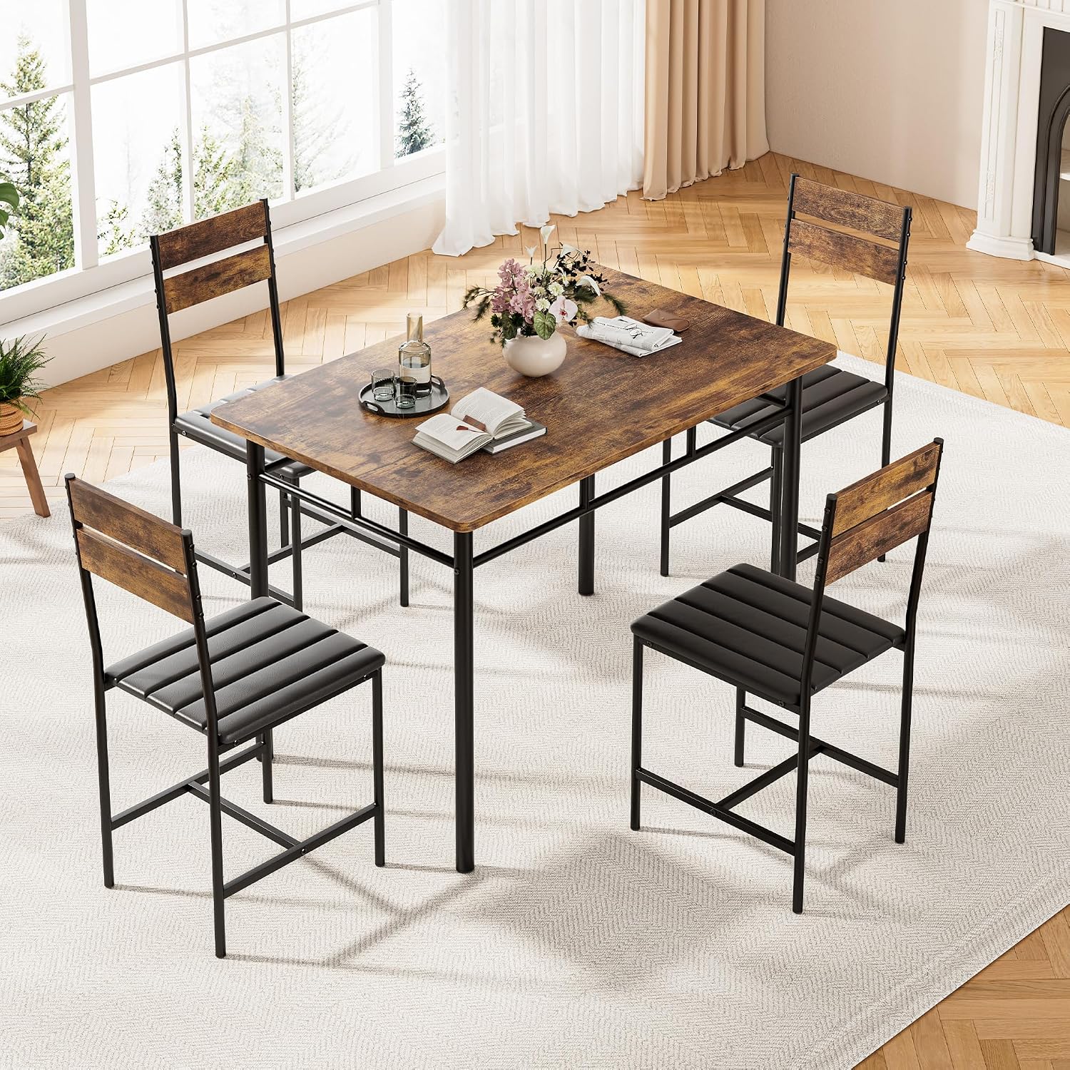 Kitchen Table Chairs Set of 4, 5-Piece Modern Dining Table Set | Kitchen Table and Chairs for Small Space with Upholstered Padded Chairs, Apartment, Rustic Brown