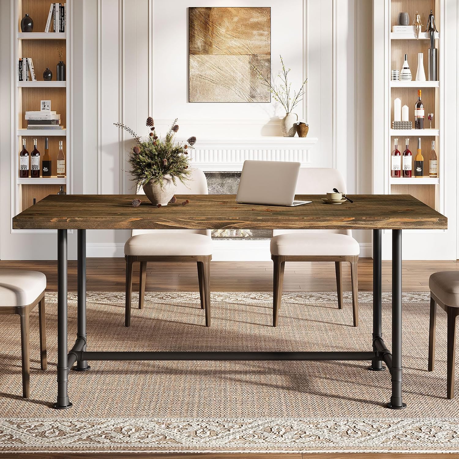 63-Inch Solid Wood Dining Table for 4-6, Industrial Large Kitchen Table with Metal Footrest, Rectangular Wooden Dinner Tables with Sturdy Metal Frame for Dining Room, Rustic Brown