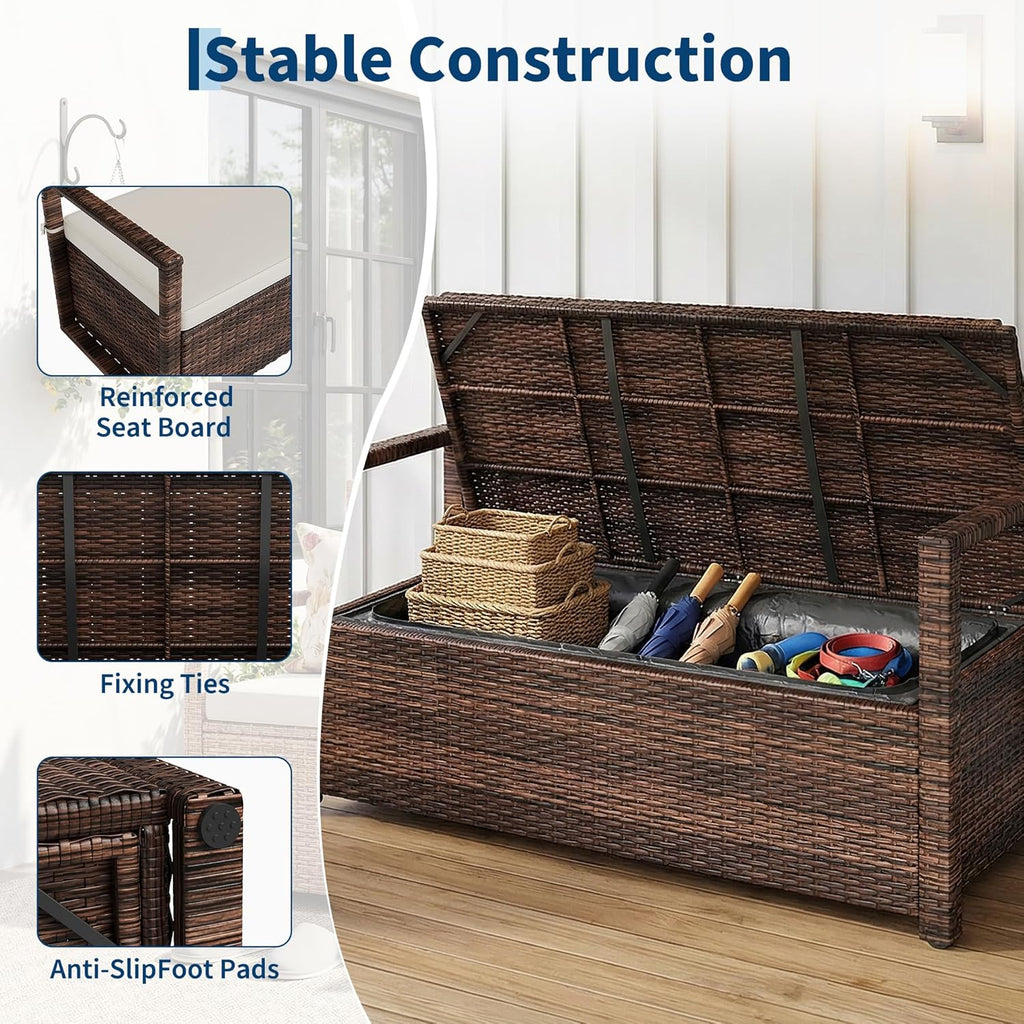 75 Gallon Outdoor Storage Bench with Cushion, 2-Seater PE Rattan Patio Storage Box with Backrest & Armrests, Weatherproof Lockable Deck Box for Garden, Balcony, Porch, Pool, Yard, Dark Brown