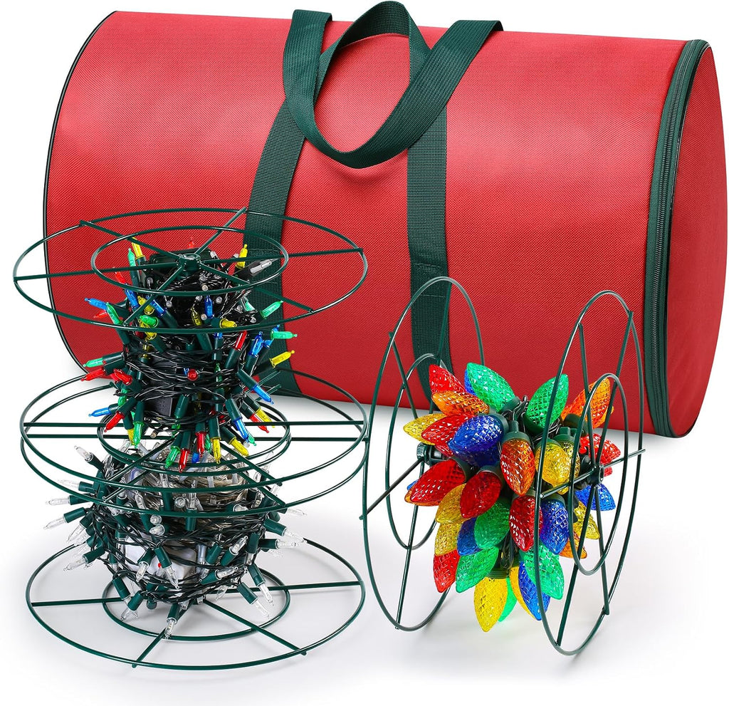 Christmas Light Storage Reels - 3 Metal Spools & Durable Oxford Bag for Holiday Cord Wire Organization