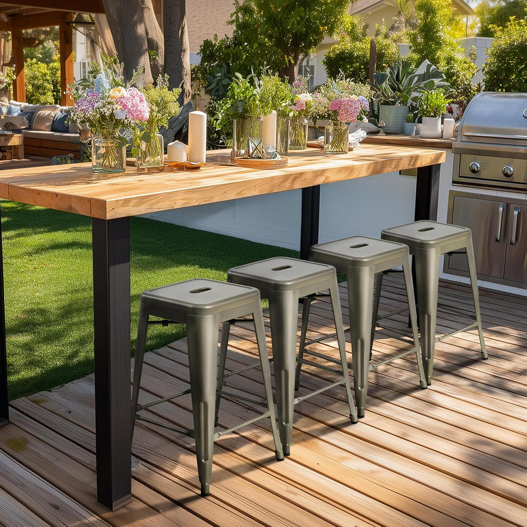Yaheetech 24'' Metal Bar Stools Counter Height Barstools Set of 4 High Backless Industrial Stackable Chairs for Indoor and Outdoor, Gun Metal