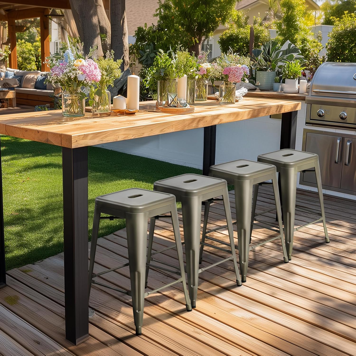 Yaheetech 24'' Metal Bar Stools Counter Height Barstools Set of 4 High Backless Industrial Stackable Chairs for Indoor and Outdoor, Gun Metal