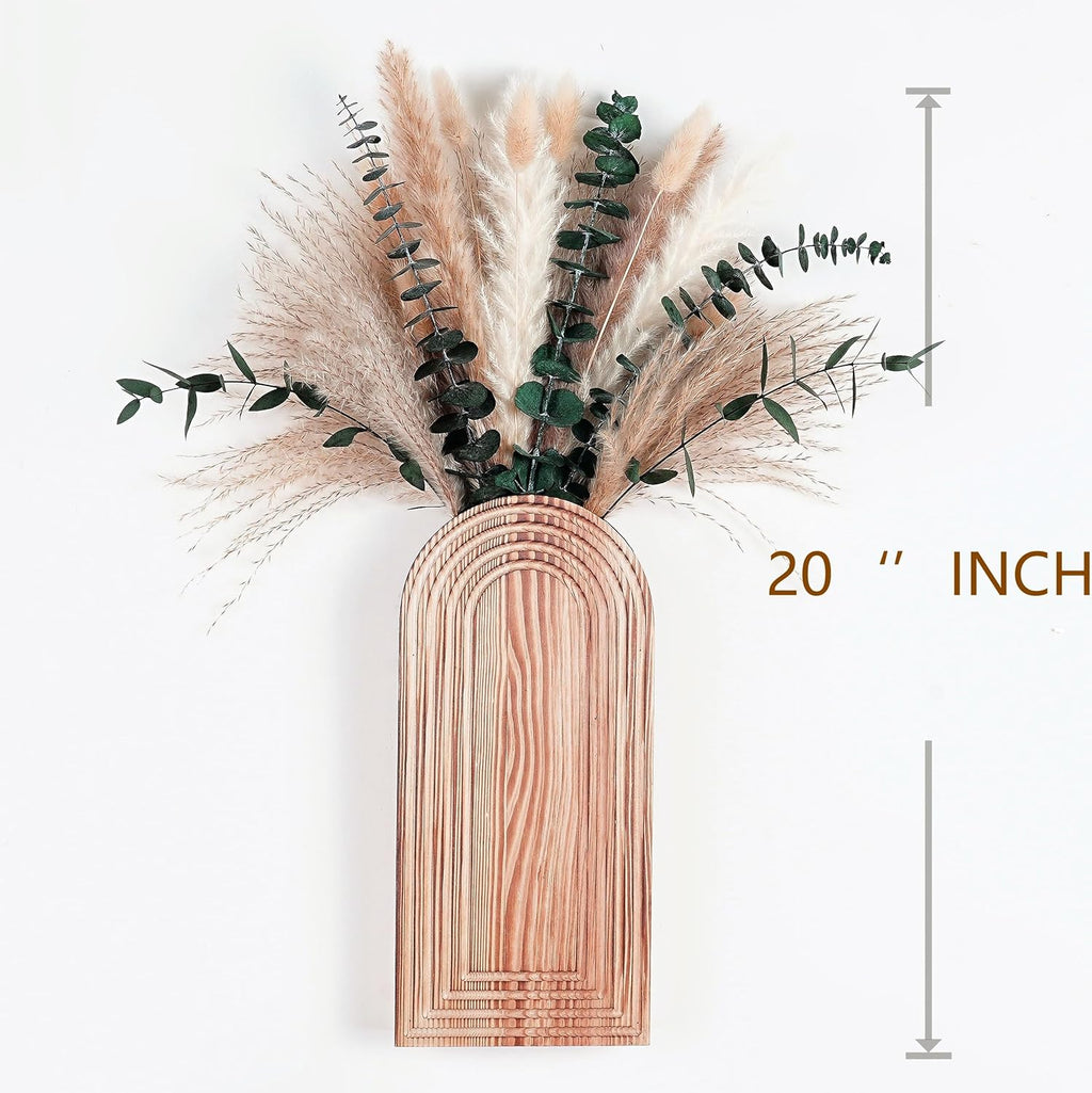 Set of 2 Wooden Vases with Pampas Grass and Eucalyptus – Boho Decor for Living Room, Modern Farmhouse Entryway or Bathroom, Rustic Art for Home Decoration