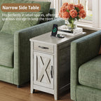 IRONCK End Table with Charging Station, Narrow Side Table for Living Room, Night Stand Set of 2 with Drawer and Cup Holder, Farmhouse Bedside Table with USB Ports and Outlets for Home, Beige Maple