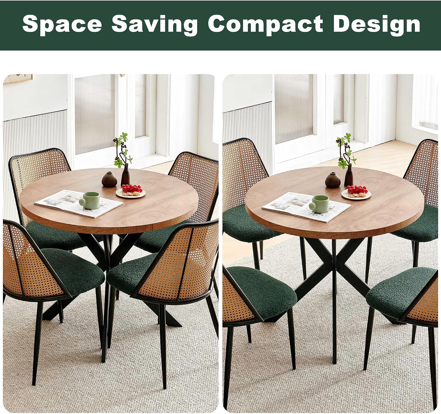 NORDICANA Dining Table Set for 4, Wooden Round Table and Wicker Chairs, 5-Piece Modern Kitchen Dinette Set for Breakfast Nook, Green Boucle Seat