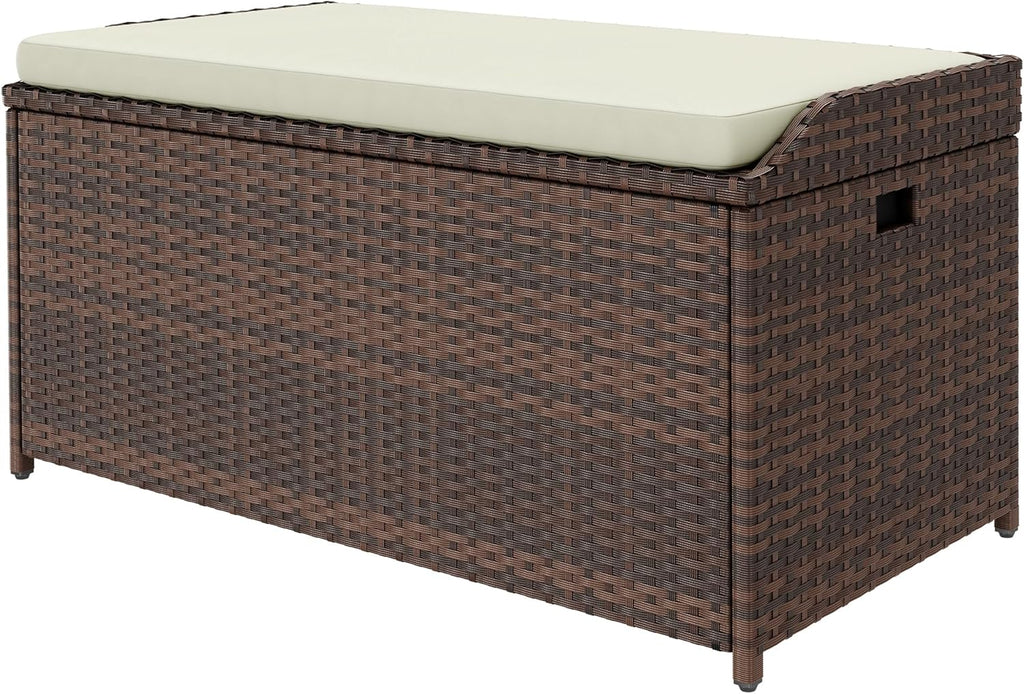 DWVO Outdoor Storage Bench, 70 Gallon Patio Storage Box w/Handles and Soft Cushion,PE Rattan Benches for Outside, Patio, Yard, Lawn, Garden,Brown