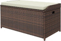 DWVO Outdoor Storage Bench, 70 Gallon Patio Storage Box w/Handles and Soft Cushion,PE Rattan Benches for Outside, Patio, Yard, Lawn, Garden,Brown