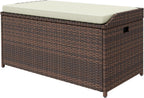 DWVO Outdoor Storage Bench, 70 Gallon Patio Storage Box w/Handles and Soft Cushion,PE Rattan Benches for Outside, Patio, Yard, Lawn, Garden,Brown