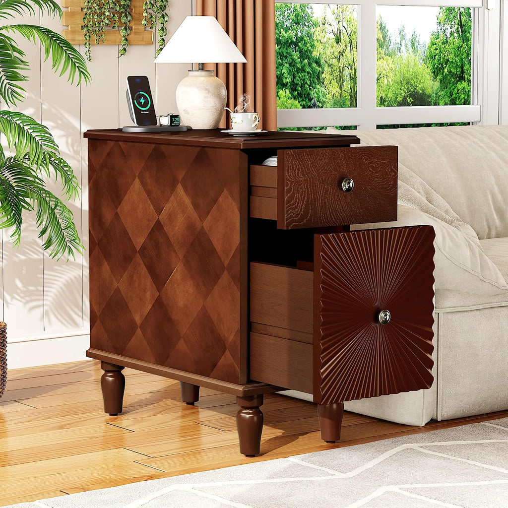 Narrow End Table with Charging Station，Modern Sofa Side Table with 2 Drawers，Narrow Side Tables with Storage Cabinet, Wood Slim Nightstand, End Tables for Living Room, Bedroom