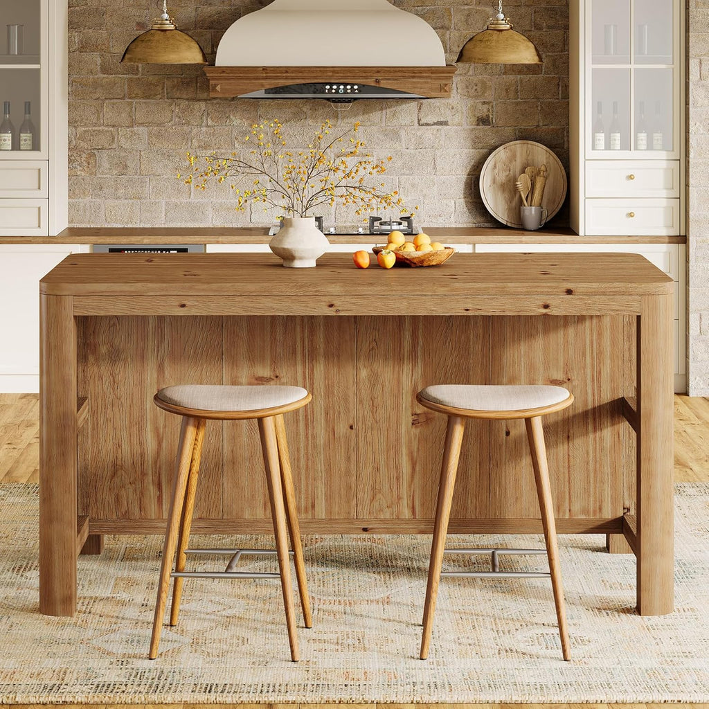 63-Inch Solid Wood Kitchen Island with Storage Shelves, Farmhouse Island Table with Seating, Counter Height Bar Table for Dining Room, Kitchen, Easy to Assemble, Natural Wood