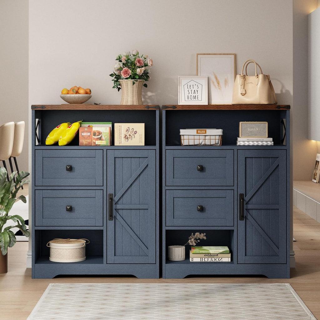 Fameill Farmhouse Storage Cabinet with 2 Drawers & Shelves, Freestanding Kitchen Cabinet with Doors, Floor Storage Organization for Living Room, Bathroom, Laundry, Blue, 27.5" L x 11.8" W x 37.5" H