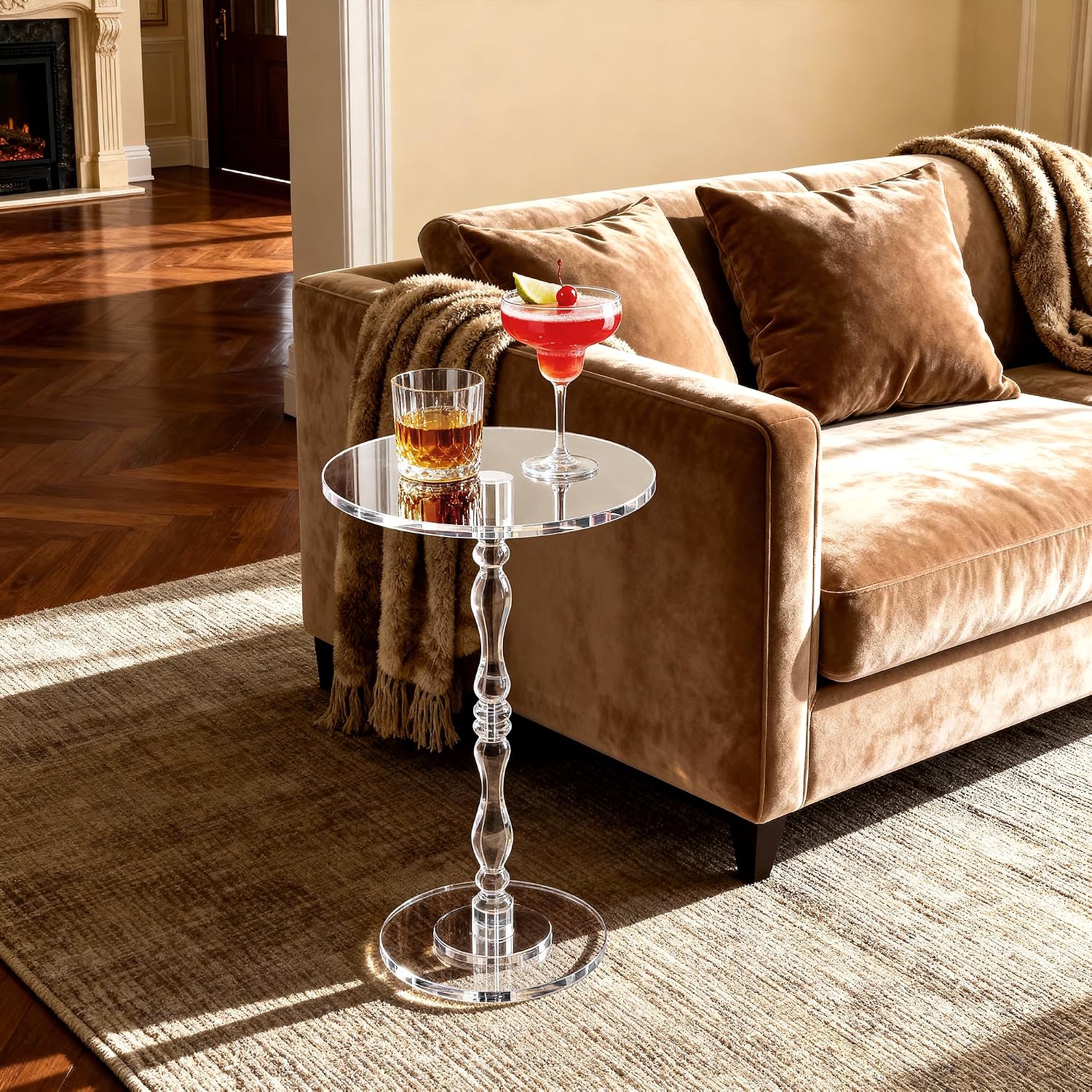 Acrylic Side Table, Classic Roman Column Pedestal End Table for Living Room, Bedroom,Balcony，Easy Assembly (Clear, Large)