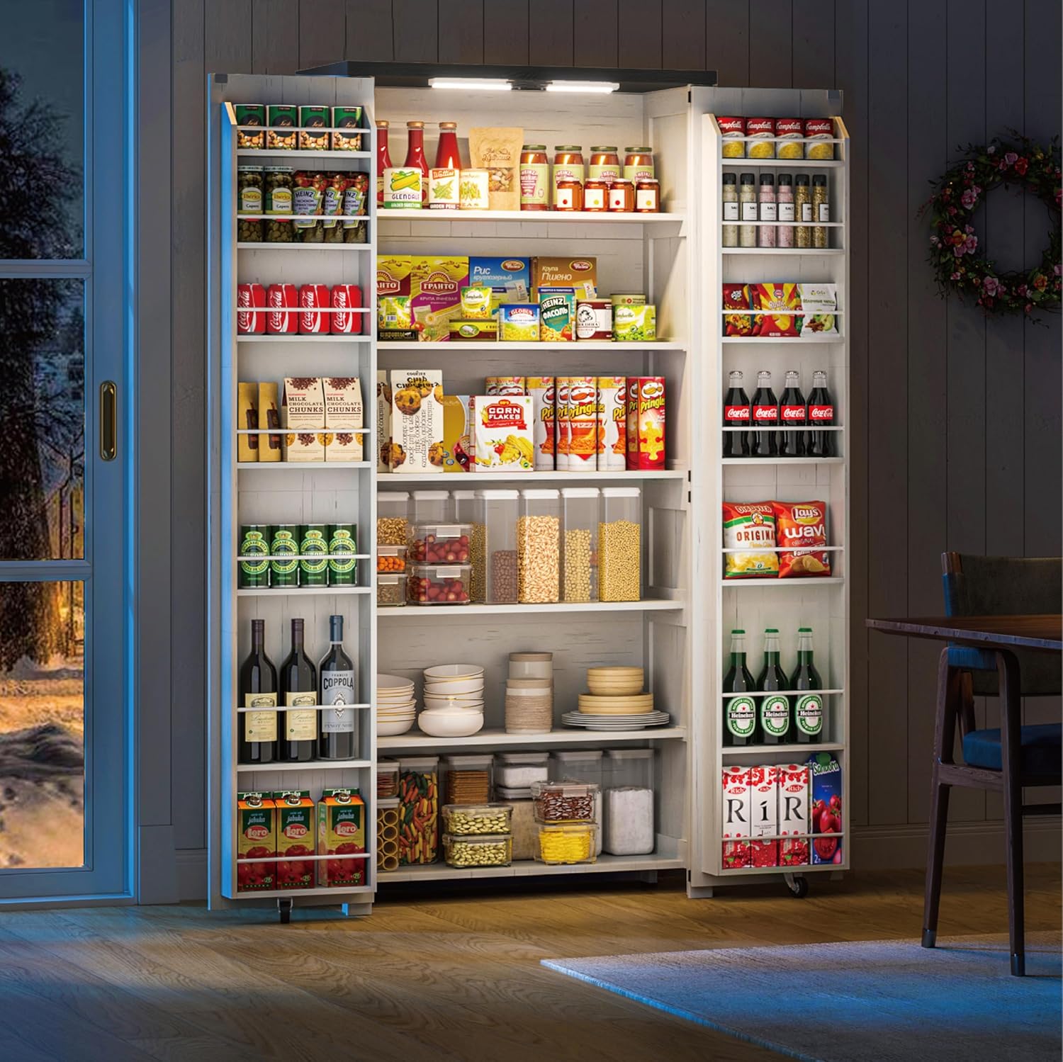 Furnaza Kitchen Pantry Cabinets - 72" Tall Craft Storage Cabinet with LED Lights, Adjustable Shelves Sewing Organizer for Craft Room/Dinning Room or Living Room, in Grian White
