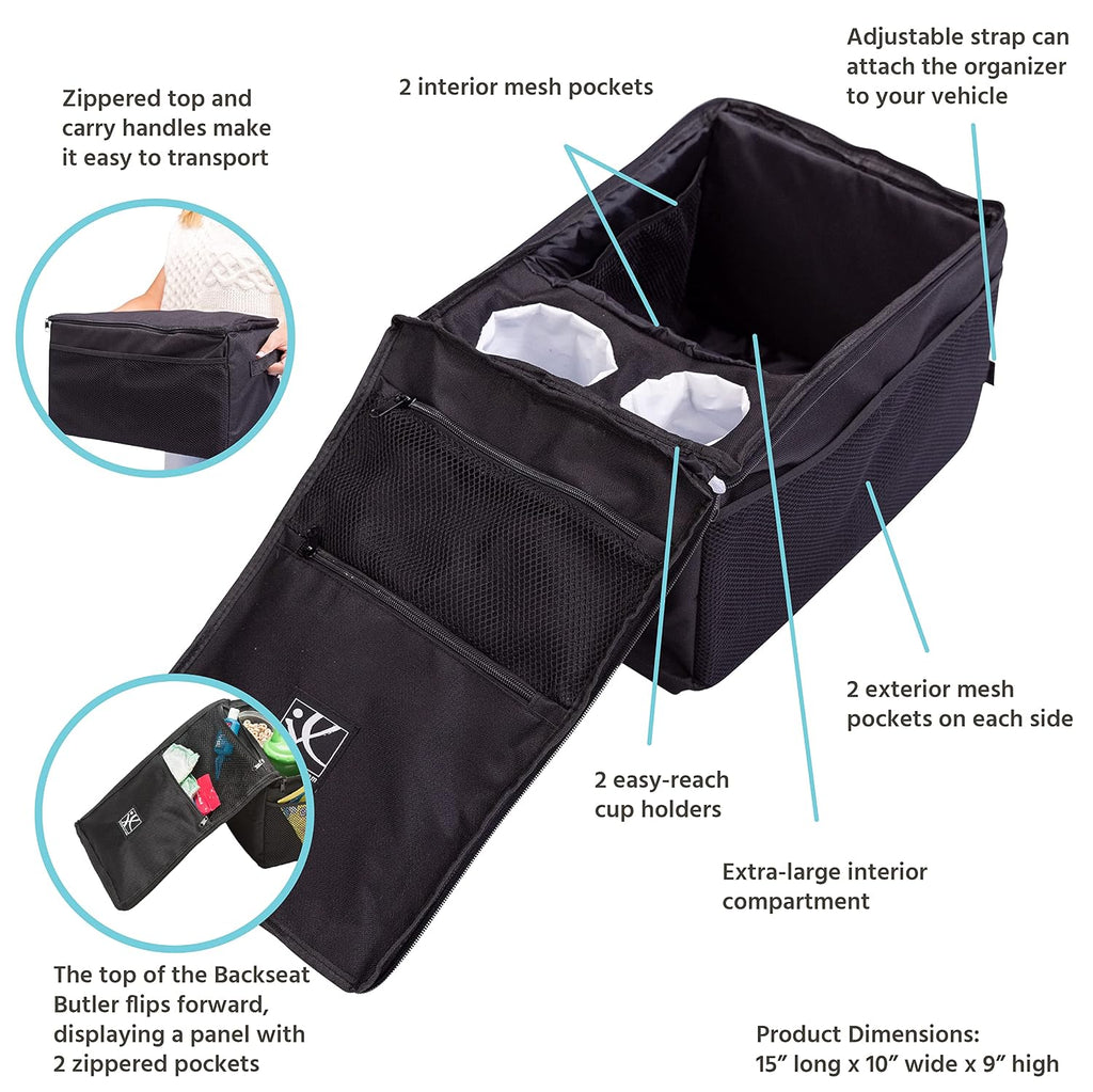 J.L. Childress Backseat Butler Car Seat Organizer for Kids - Essential Car Ride Accessories for Travel & Road Trips, Storage Organization for Front, Back, & Passenger Seats, 10 Pockets - Black