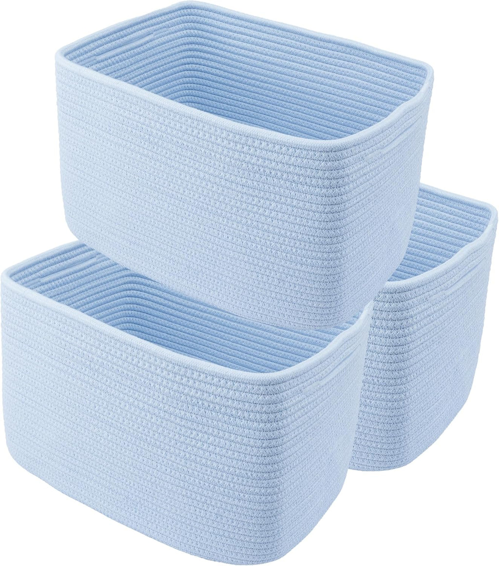 Cotton Rope storage Basket Bins Woven Basket for Organizing Shelves Rectangle Decorative Baskets For storage 3 pack (light blue)