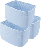 Cotton Rope storage Basket Bins Woven Basket for Organizing Shelves Rectangle Decorative Baskets For storage 3 pack (light blue)