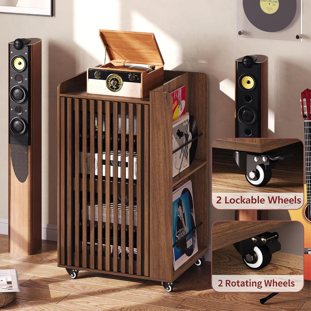Rolling Media Cabinet with Side Vinyl Record Storage, 5-Tier Large Stereo Cabinet with Door and Cable Management, Audio Video Shelf for Living Room Gaming Room Music Room (Walnut)
