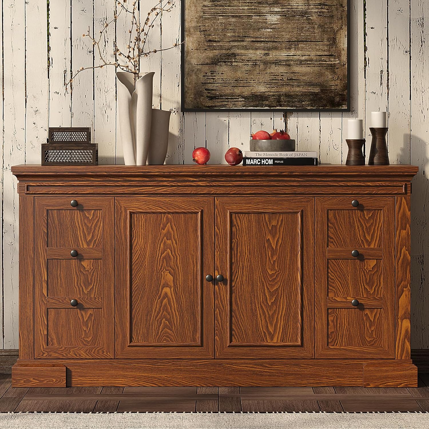 Sideboard Buffet Cabinet with Storage, 63" Large Credenza Kitchen Storage Cabinets with Drawer and Door, Wood Coffee Bar Table with Adjustable Shelf for Living Room, Kitchen, American Retro, Brown