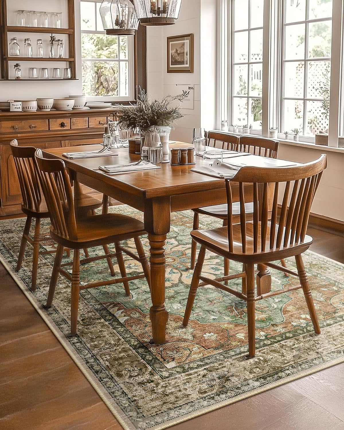 RELEANY Area Rugs 5'x7' Washable Non-Slip, Floral Vintage Distress Medallion Carpet for Living Room Bedroom Dining Room, Terracotta Burnt Orange Green