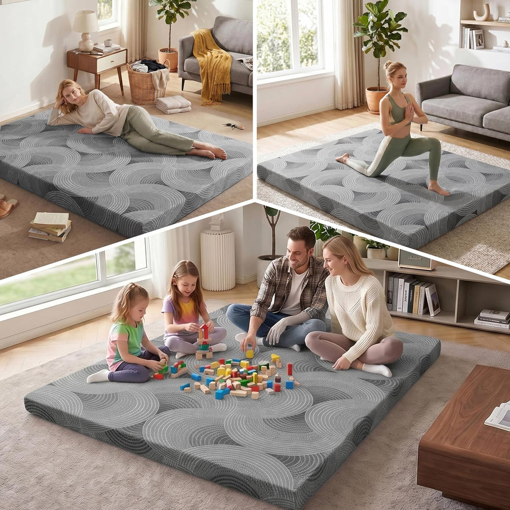Japanese Floor Mattress, 3.5" Thicken Futon Mattress Tatami Mat with Non-Slip Bottom,Removable Washable Cover,Foldable Mattress Tatami Mat Sleeping Pad,Grey Geometric,Full（80’‘x48''