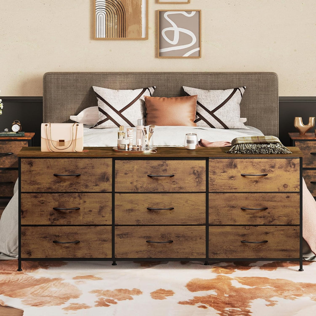WLIVE 63''W Dresser for Bedroom, Dresser TV Stand for 65, 70, 75 inch TV, Wide Chest of Drawers with 9 Drawer, Large Entertainment Center, Fabric Dressers with Wood Top for Living Room, Rustic Brown