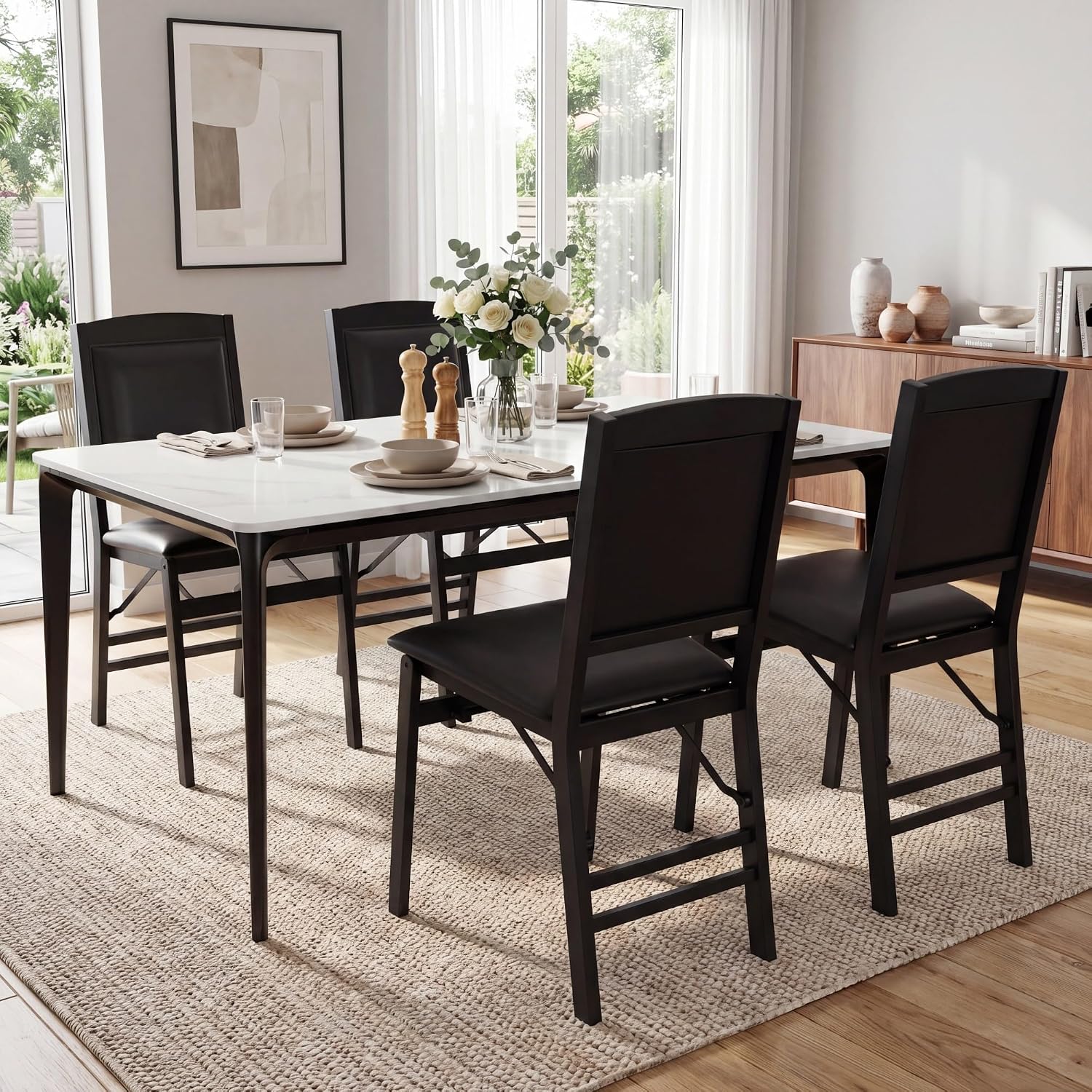 GOFLAME Folding Dining Chairs Set of 4, Faux Leather Upholstered Kitchen Chairs with Padded Seat and Backrest, Solid Wood Foldable Chairs for Living Room, Dining Room, Restaurant, Black