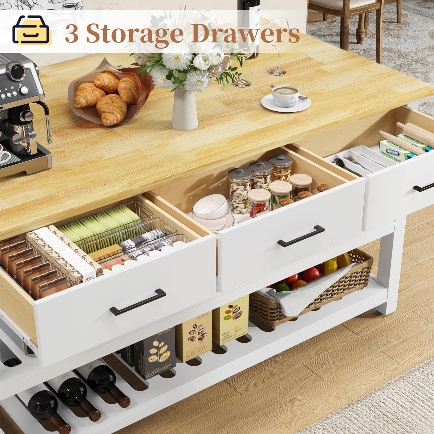 DynJest 60" Solid Rubberwood Kitchen Island with Power Outlets - Extra Large Work Surface, 3 Drawers & 2 Open Shelves Storage Cabinet for Kitchen Dining Room, Farmhouse Style (White)